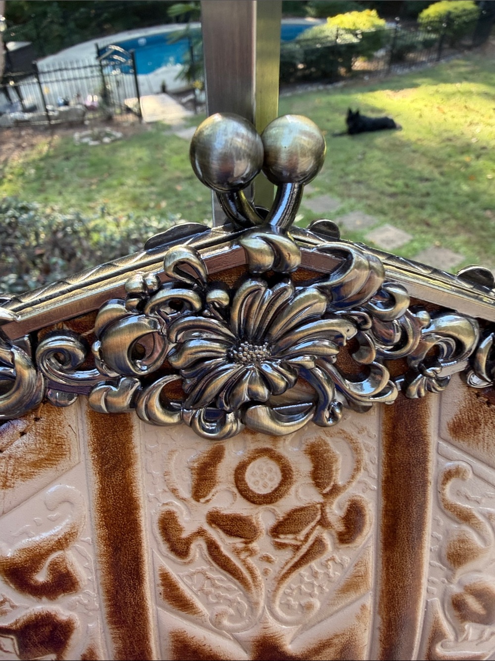 Patricia Nash Sand and Tan Embossed Leather Shoulder Bag with Ornate Metal Frame - Picture 5 of 17